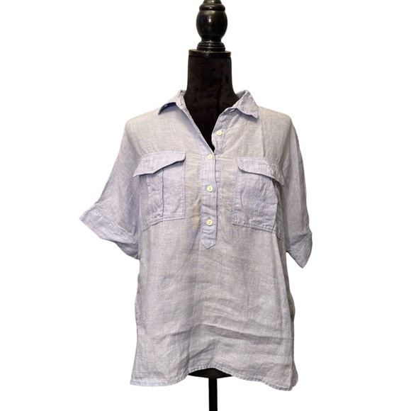 J. Crew Baird McNutt Irish Linen Light Blue Short Sleeve Blouse Size 10 - Picture 3 of 14